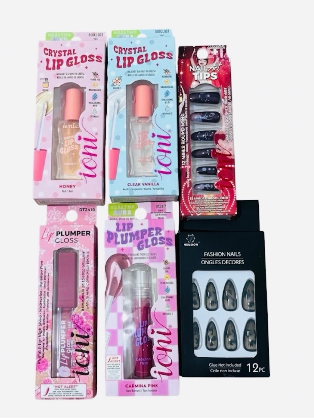 NWT IONI Lip Gloss & Plumber Glam Press on Nails 6-PC Bundle
